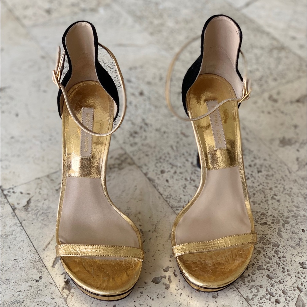 Michael Kors black suede & gold strap heels